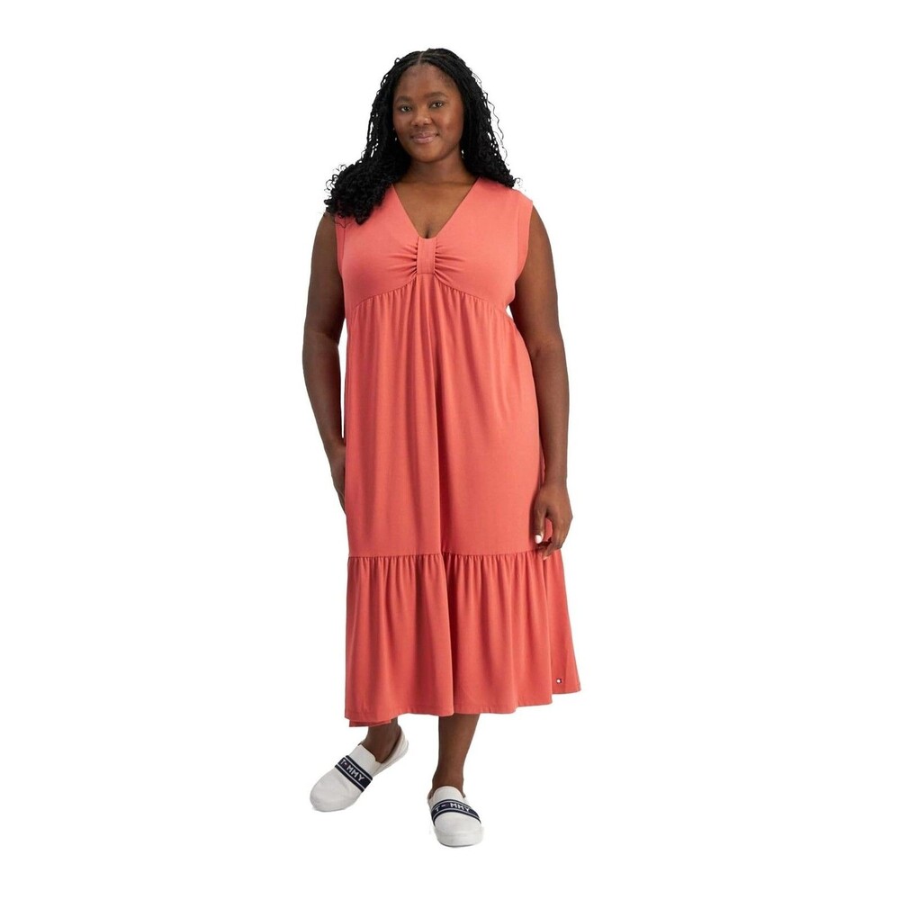 Tommy Hilfiger Womens Plus 1X Mineral Red Sleeveless V Neck Maxi Dress NWT CO67